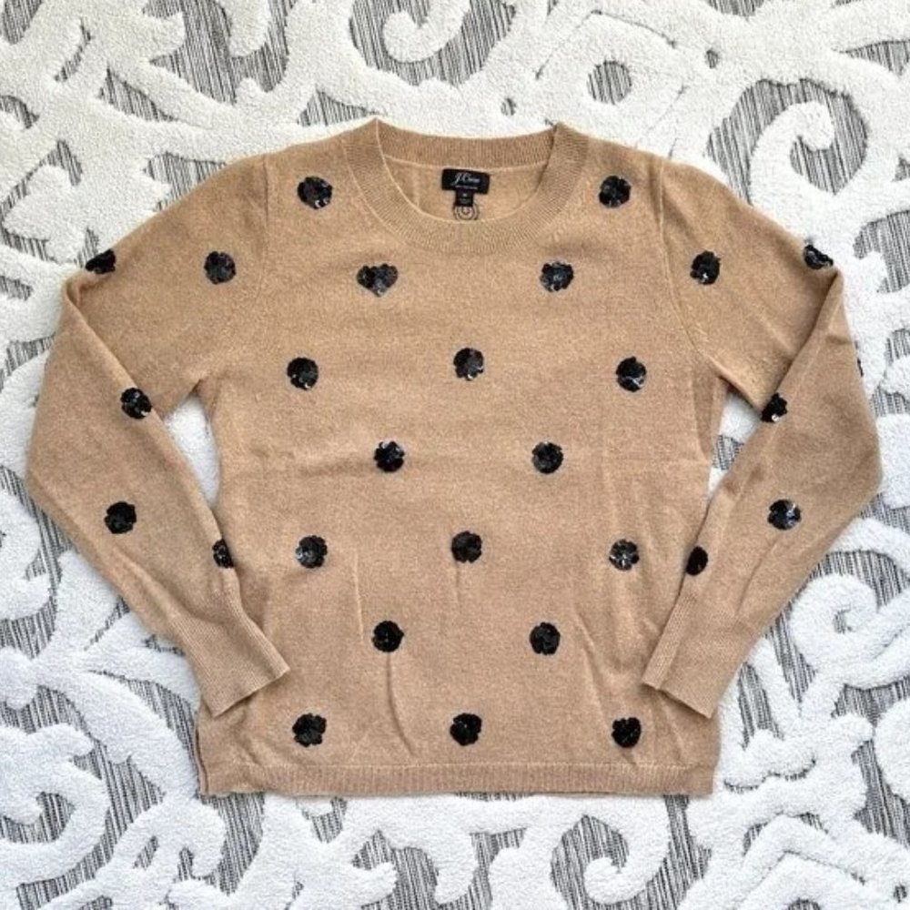 Cashmere Crewneck Sweater in Sequin Polka Dots: Camel, Medium